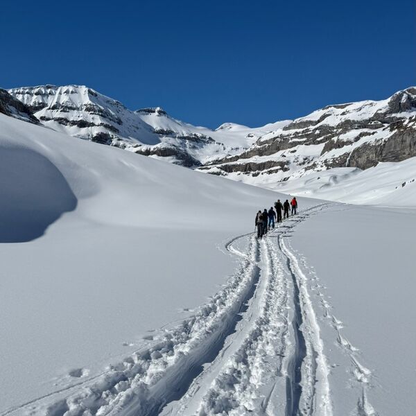 Schneeschuhgruppe folgt einer Spur durch das verschneite Tal